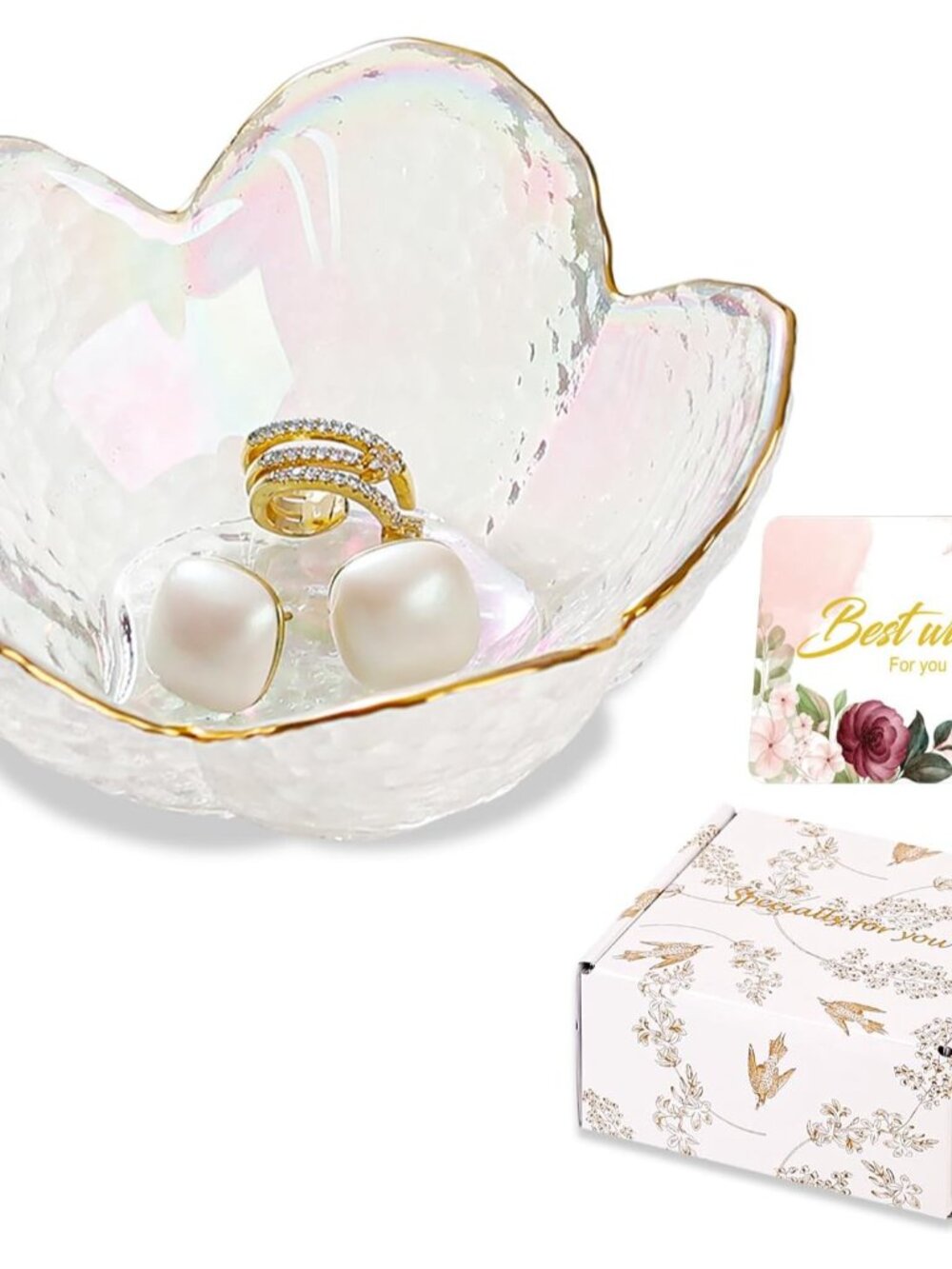 White Flower Jewelry Dish Glass Ring Dish Jewelry Tray Cute Vanity Organizer Roo